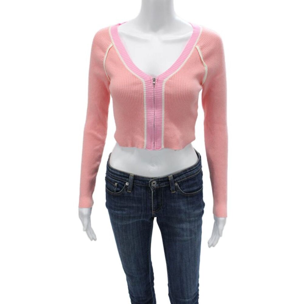 Gab kate Women Cropped V-Neck Zip Sweater Pink Long Sleeve Size S
